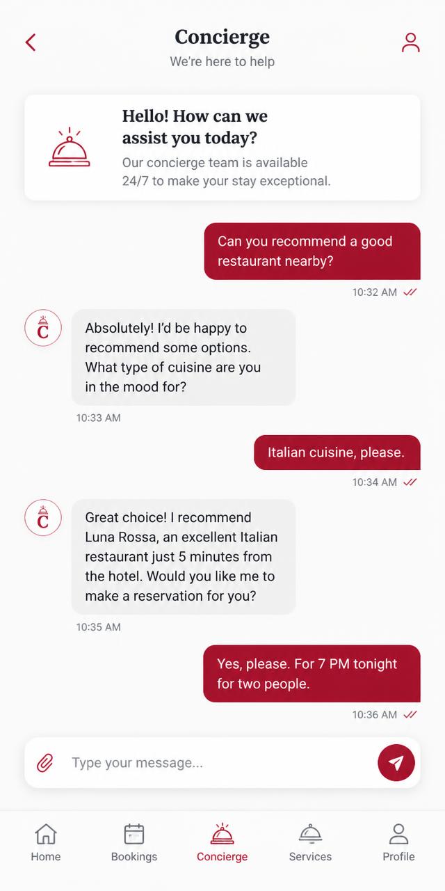 Concierge chat screen rendered on an iPhone